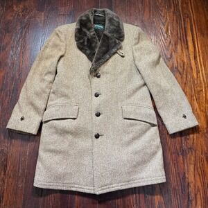 VTG McGregor Jacket Mens 38 Herringbone Wool Long Sherpa Trim Lined Pea Overcoat